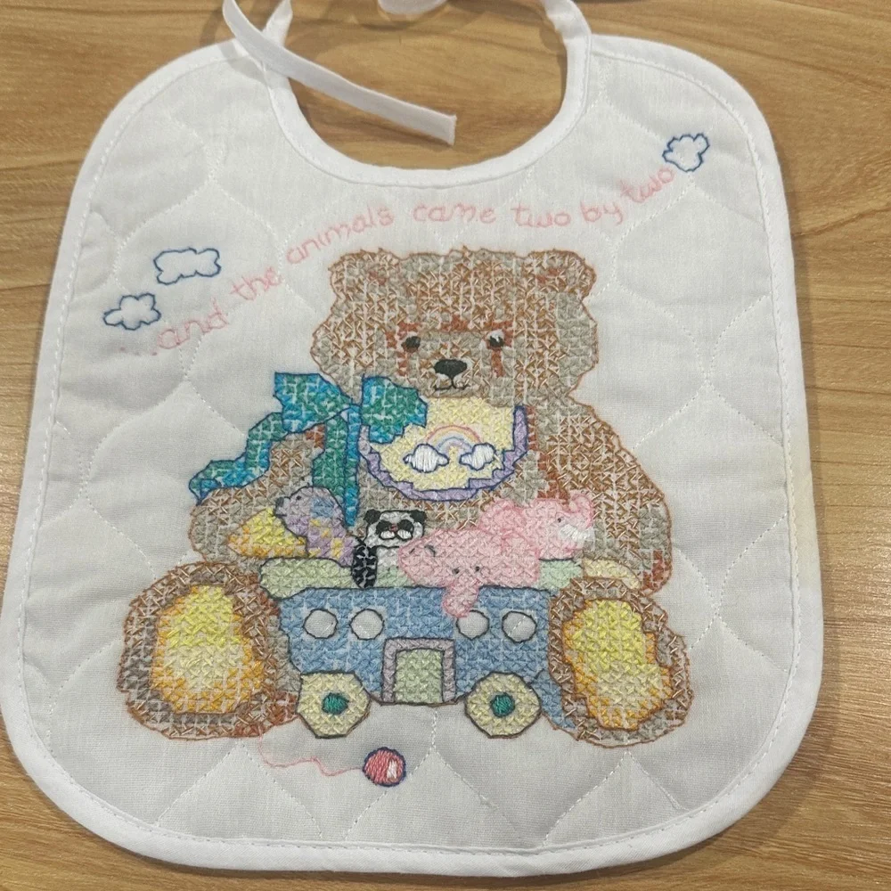 Embroidered Bear Baby Bib - White and Multicolor